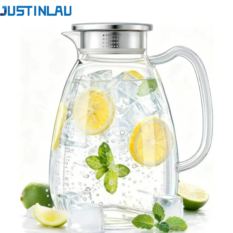 Cold Brew Jar - JUSTINLAU 2.2L/74oz 高硼珪酸ガラス製冷水ピッチャー 夏用冷蔵庫水差し 家庭用 オフィス用
