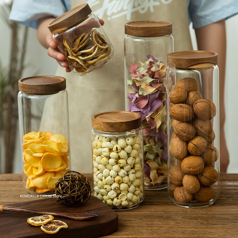 Coffee Tea Canister Set - 木製蓋ガラス気密キャニスターキッチン収納ボトル瓶食品容器穀物茶コーヒー豆穀物キャンディージャー容器
