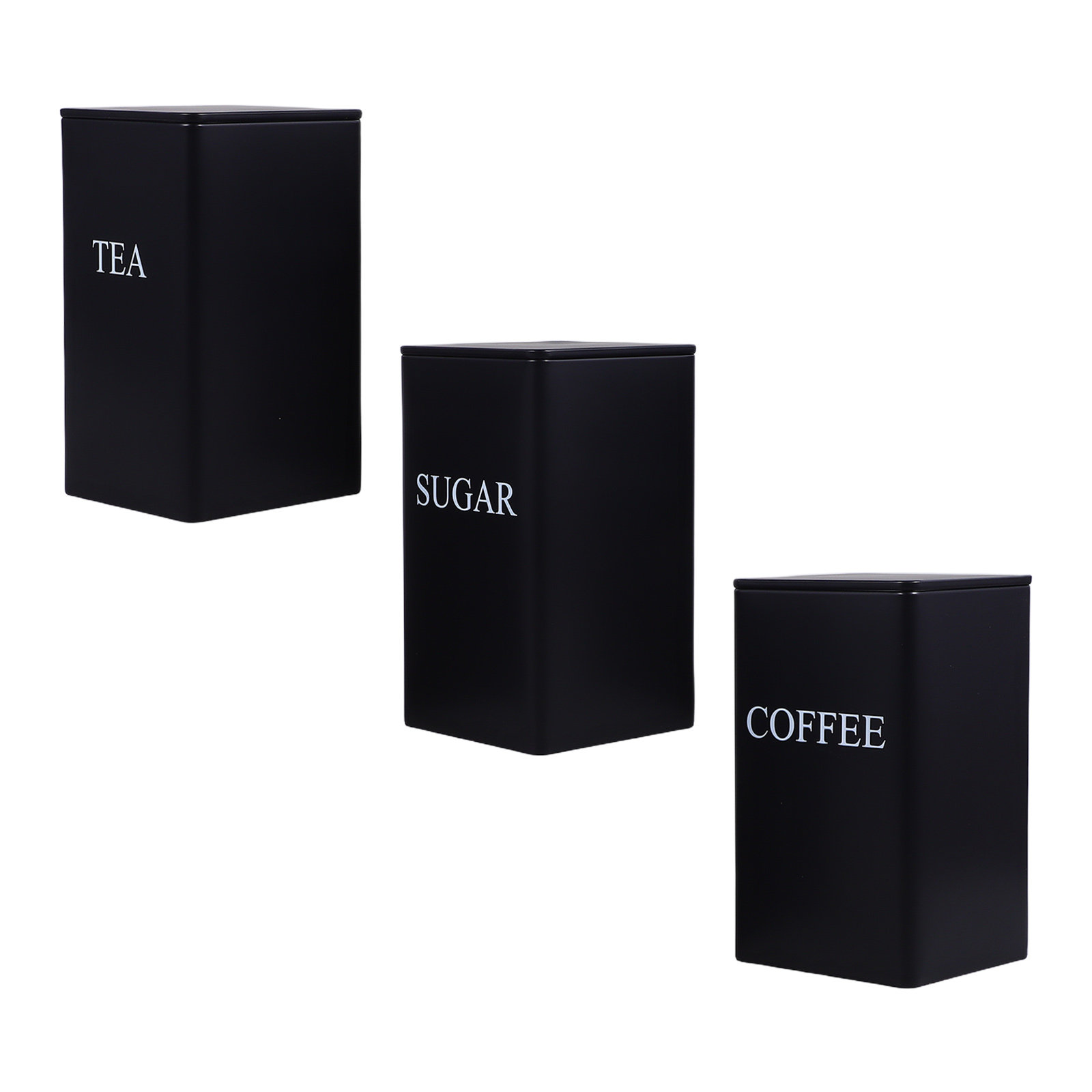 Coffee Tea Canister Set - 3個入り、キッチン収納用金属製キャニスター、黒色、コーヒー、紅茶、砂糖用、ラベル付き、密閉式、カウンタートップ用、素朴な農家風、クッキー入れセット。