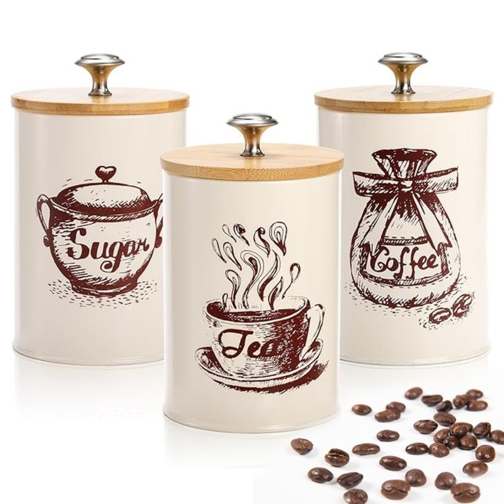 Coffee Tea Canister Set - 3個入り金属製コーヒーキャニスターセット 大容量 蓋付き 茶葉容器 ホワイト ピンク