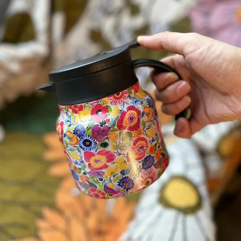 Coffee Tea Infusion - 800mlコーヒーポット、茶こし付き、316ステンレス鋼製保温カラフェ、花柄、保温機能付きティーポット、コーヒーカップ
