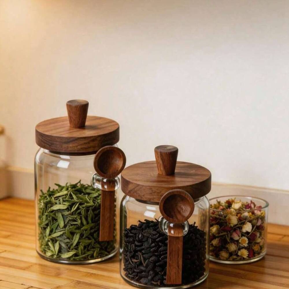 Coffee Tea Canister Set - 3個セット 透明ガラス瓶 木製蓋とお揃いのスプーン付き 密閉食品保存容器 コーヒー豆、紅茶、ナッツ用 -