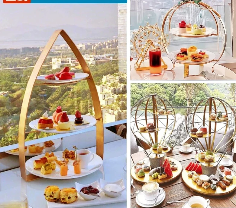 Coffee Tea Break - アフタヌーンティー用のスナックスタンド、3段重ねのフルーツトレイ、ケーキやコーヒー休憩用のテーブル、イギリスのホテルで使用されるデザートテーブル、装飾品の展示台。