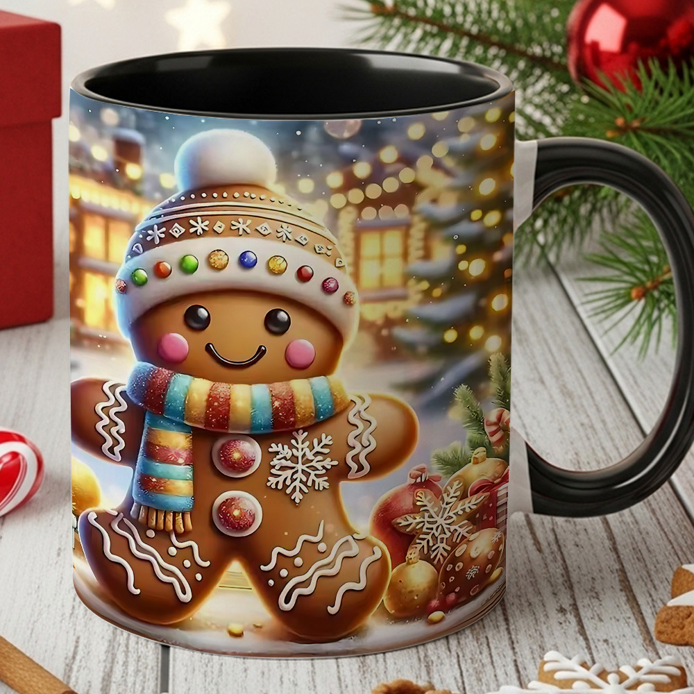 Coffee Tea Festival - クリスマスジンジャーブレッドマンコーヒーマグカップ（1個） - 楽しいジンジャーブレッドクッキーのデザイン - かわいい笑顔、アイシングとスプリンクル、雪の降る冬の風景 -