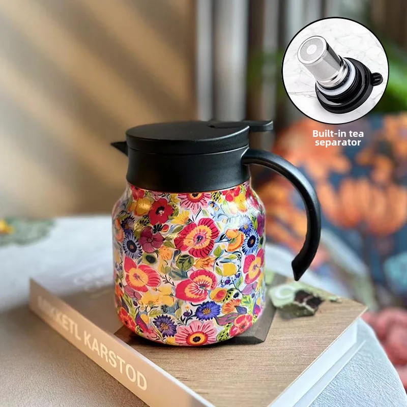 Coffee Tea Infusion - 316ステンレス製サーマルカラフェ 800ml コーヒーポット 花柄塗装 ティーインフューザー付き 保温機能付き