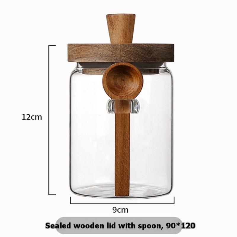 Coffee Tea Canister Set - THIVN製 ガラス製コーヒー・紅茶・砂糖入れセット。13オンス、20オンス、30オンスの3サイズ。蓋とスプーン付き。透明ガラス製で、木製の蓋が付いています。収納容器セット。