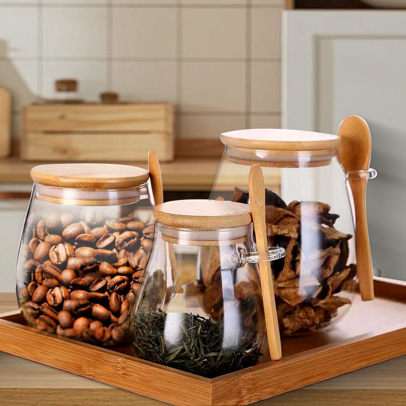 スプーンと蓋付きのガラスジャー、透明なスパイスジャー、小さな - Coffee Tea Canister Set のレビューと価格
