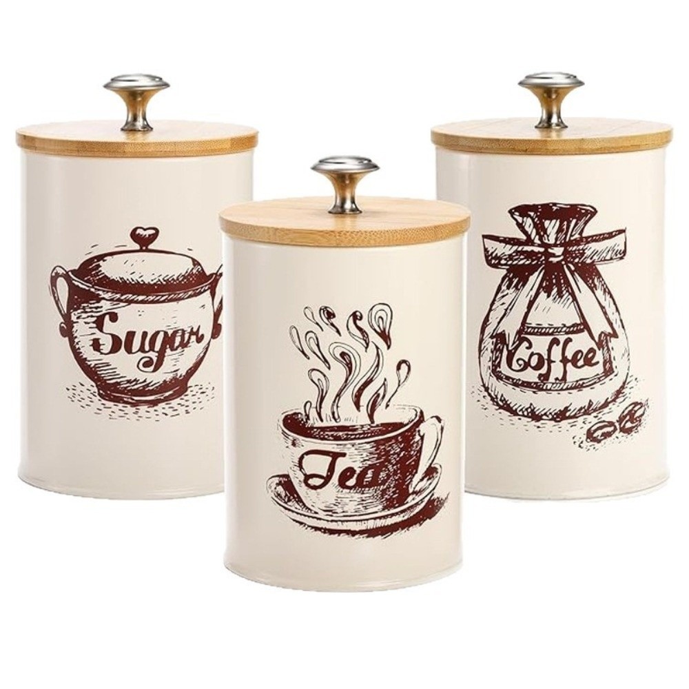 3個入り金属製コーヒーキャニスターセット 大容量 蓋付き 茶 - Coffee Tea Canister Set のレビューと価格