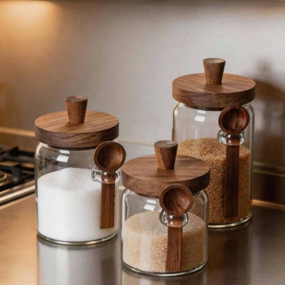 3個セット 透明ガラス瓶 木製蓋とお揃いのスプーン付き 密閉 - Coffee Tea Canister Set のレビューと価格