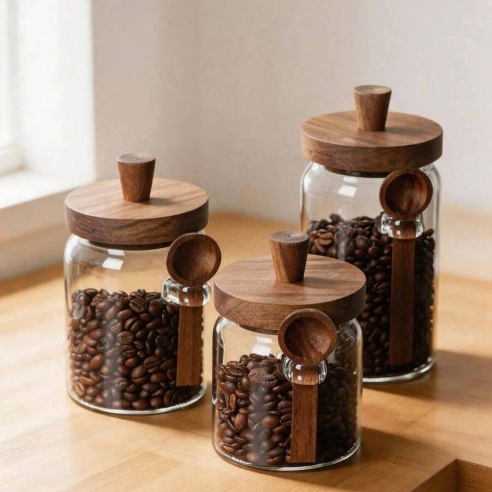 3個セット 透明ガラス瓶 木製蓋とお揃いのスプーン付き 密閉 - Coffee Tea Canister Set のレビューと価格