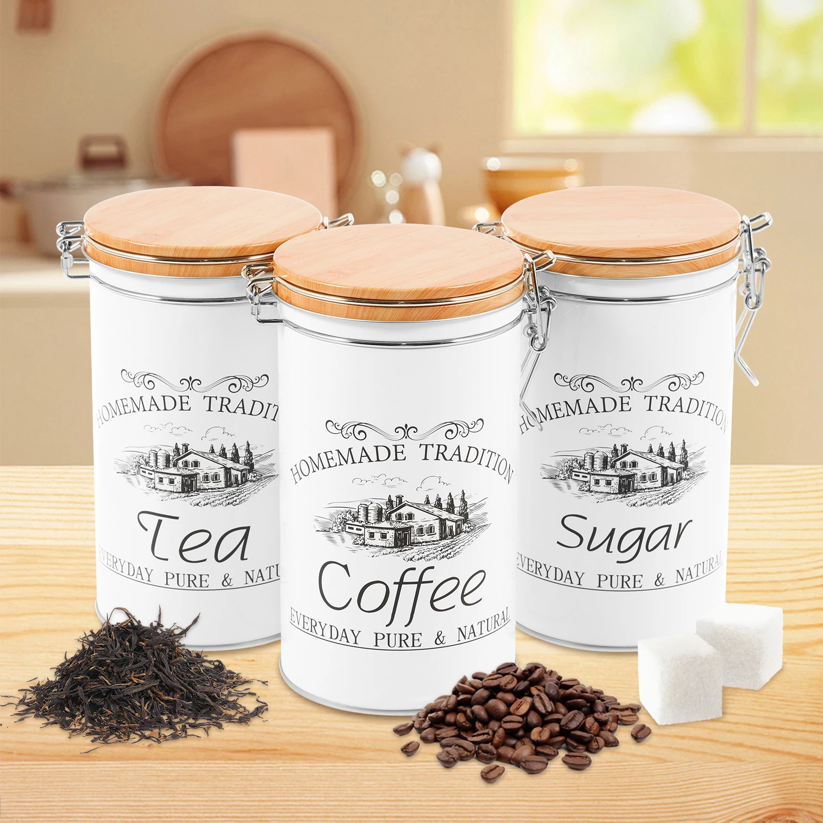 3個セット 茶葉・コーヒー・砂糖用キャニスター 金属製コーヒ - Coffee Tea Canister Set のレビューと価格