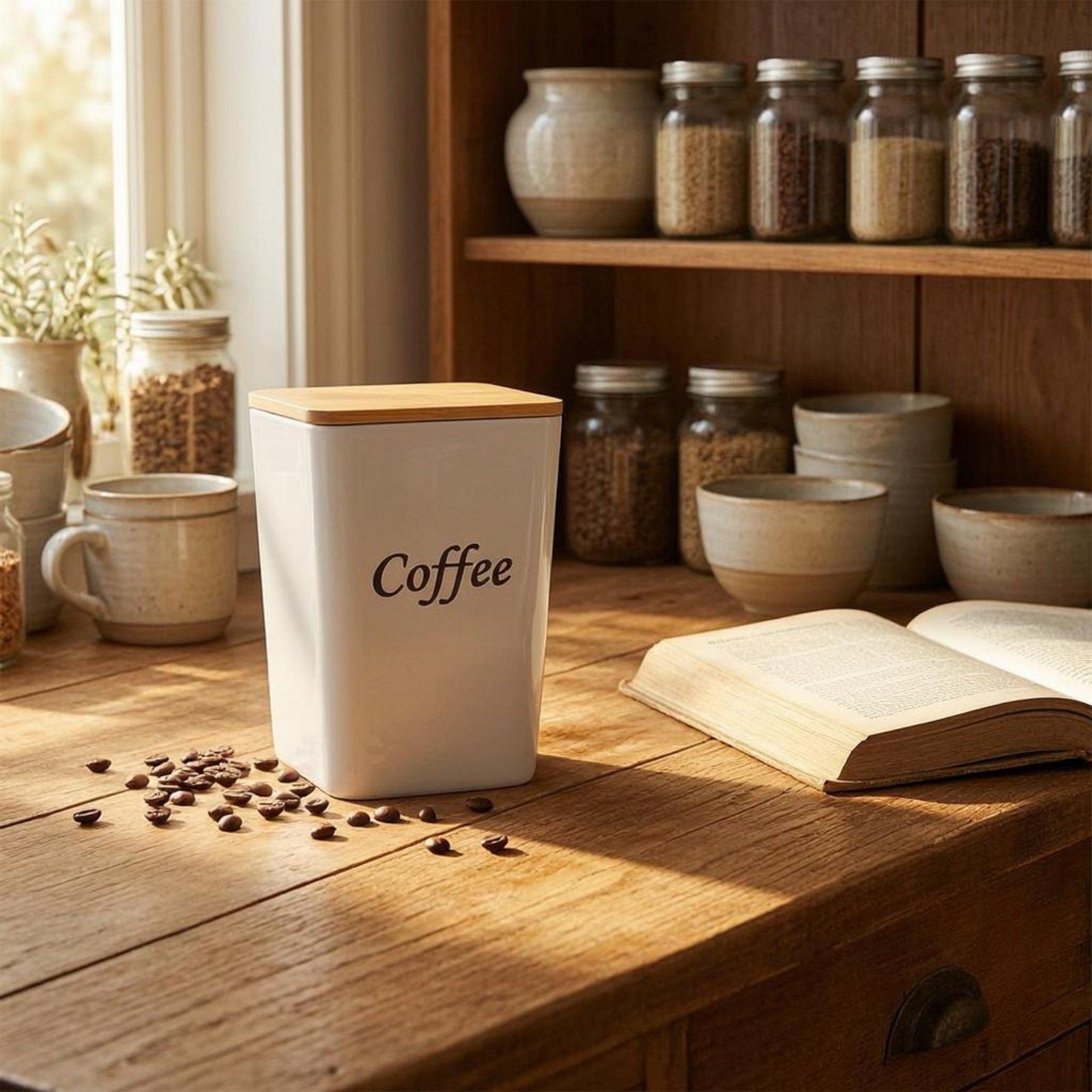 コーヒー、紅茶、砂糖などを保存するための、竹製の蓋が付いた金 - Coffee Tea Canister Set のレビューと価格
