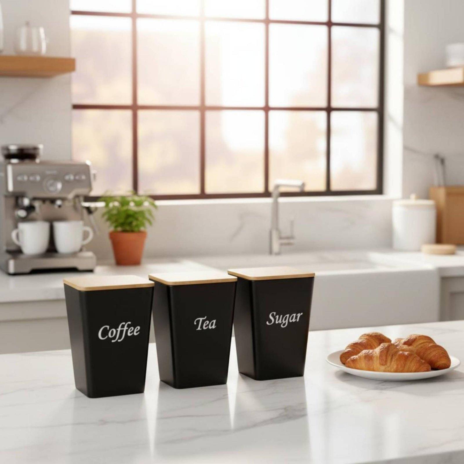コーヒー、紅茶、砂糖などを保存するための、竹製の蓋が付いた金 - Coffee Tea Canister Set のレビューと価格