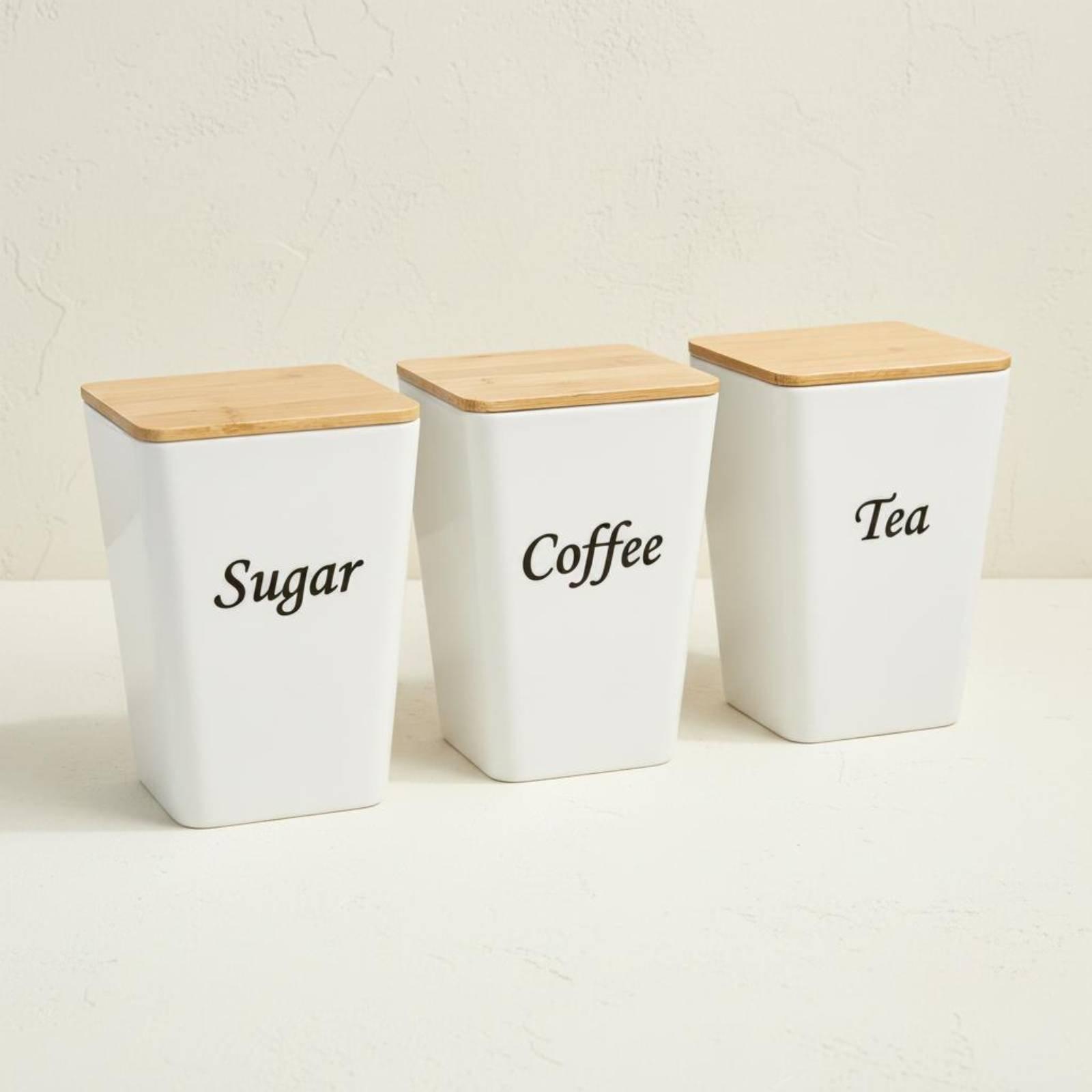 コーヒー、紅茶、砂糖などを保存するための、竹製の蓋が付いた金 - Coffee Tea Canister Set のレビューと価格